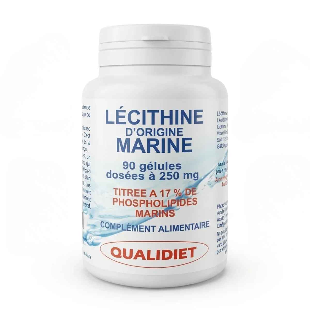 Flacon de Lécithine d'Origine Marine Qualidiet en gélules sur fond blanc