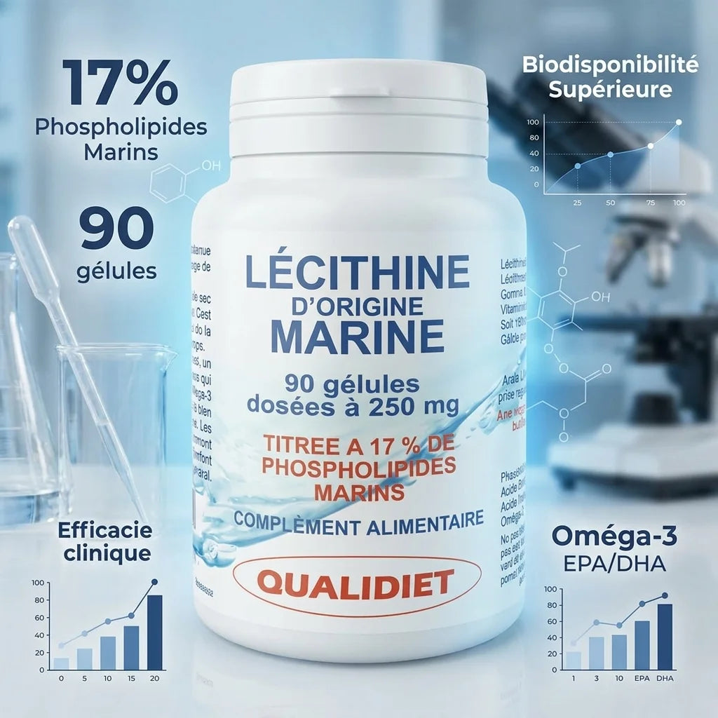 Bouteille Lécithine Marine Qualidiet 90 gélules avec données scientifiques et structure moléculaire sur fond laboratoire