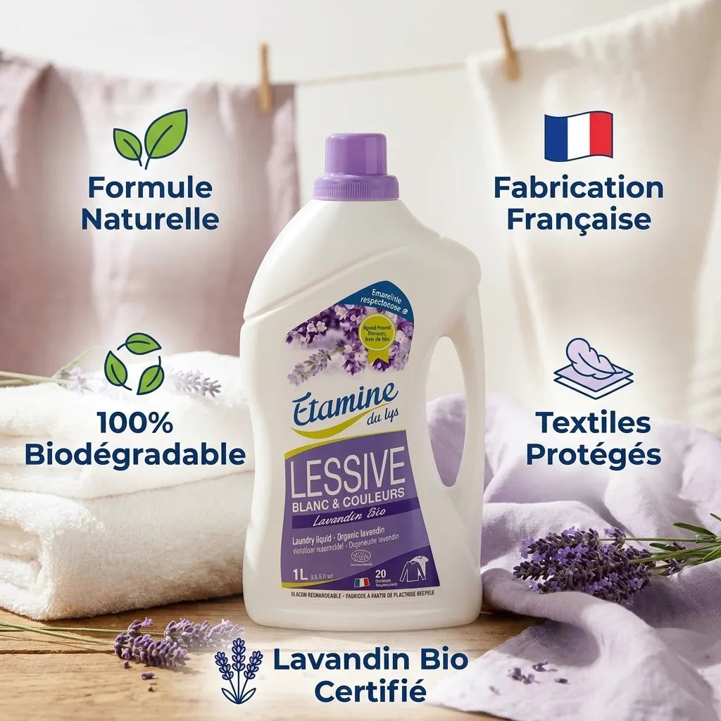 Lessive liquide Lavandin Etamine du Lys avec infographie avantages produit naturel et biodégradable