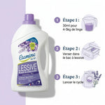 Lessive liquide Lavandin Etamine du Lys avec instructions de dosage et illustrations