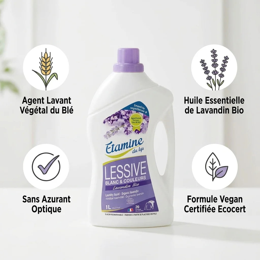 Lessive liquide Lavandin bio Etamine du Lys avec ingrédients naturels et certification vegan
