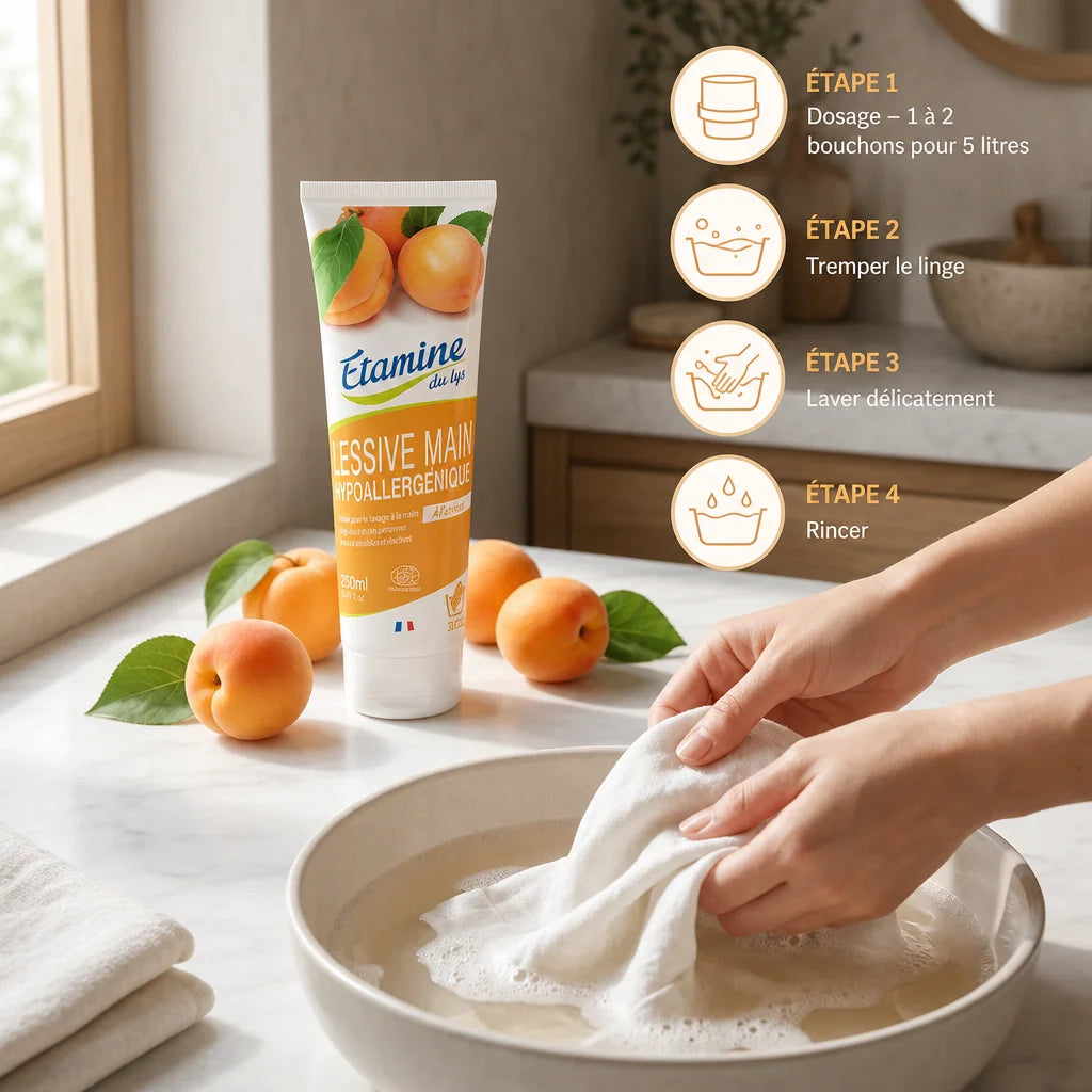 Lessive main hypoallergénique Etamine du Lys avec abricots frais et guide de lavage étape par étape