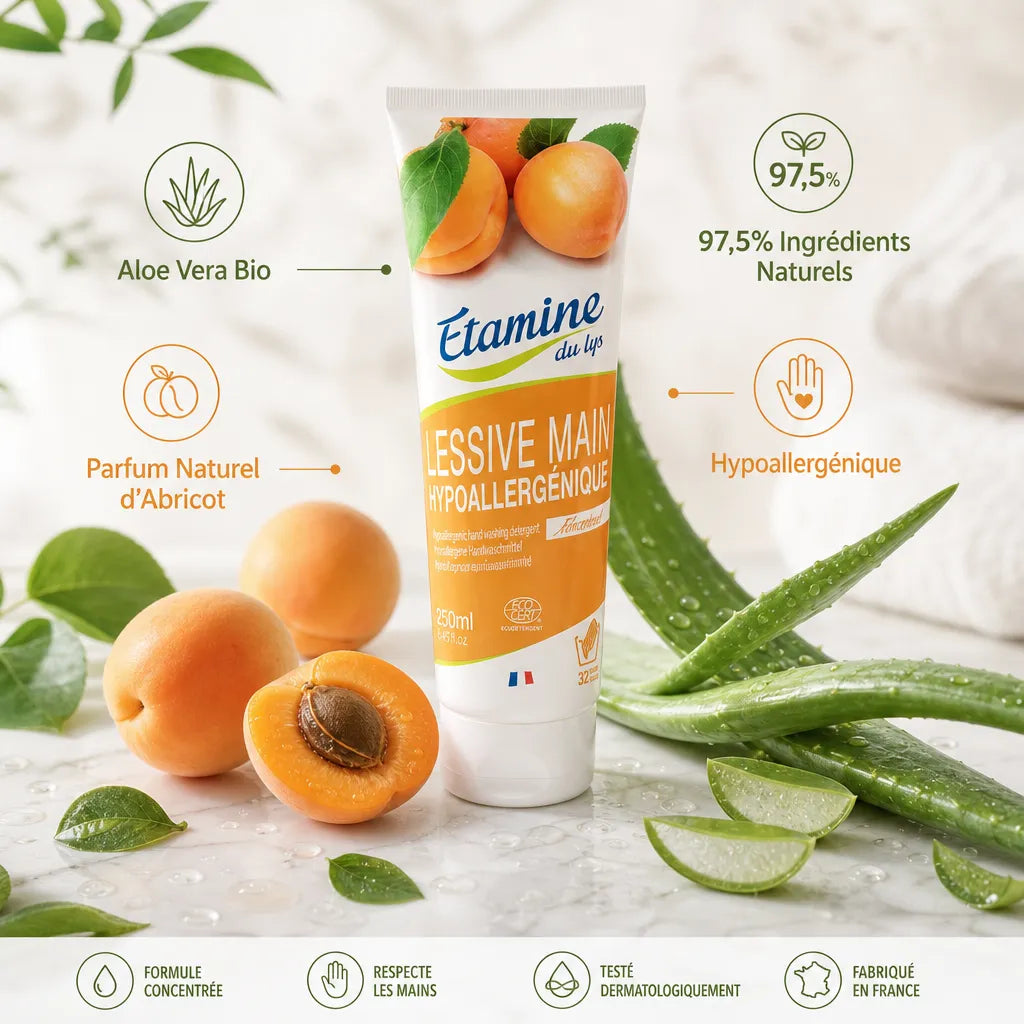 Lessive main hypoallergénique Etamine du Lys avec aloe vera bio et parfum naturel d'abricot