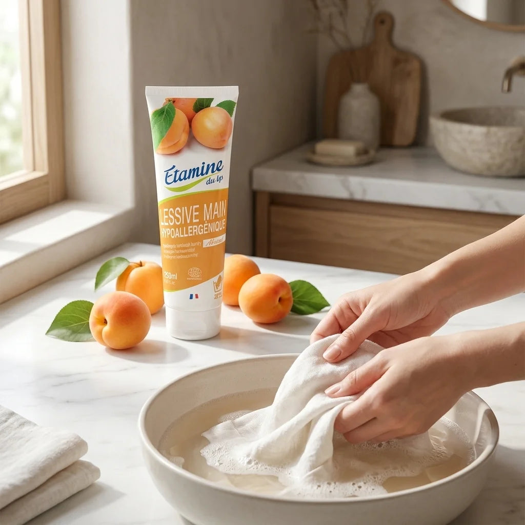 Lessive main hypoallergénique Etamine du Lys sur marbre avec abricots et mains lavant du linge