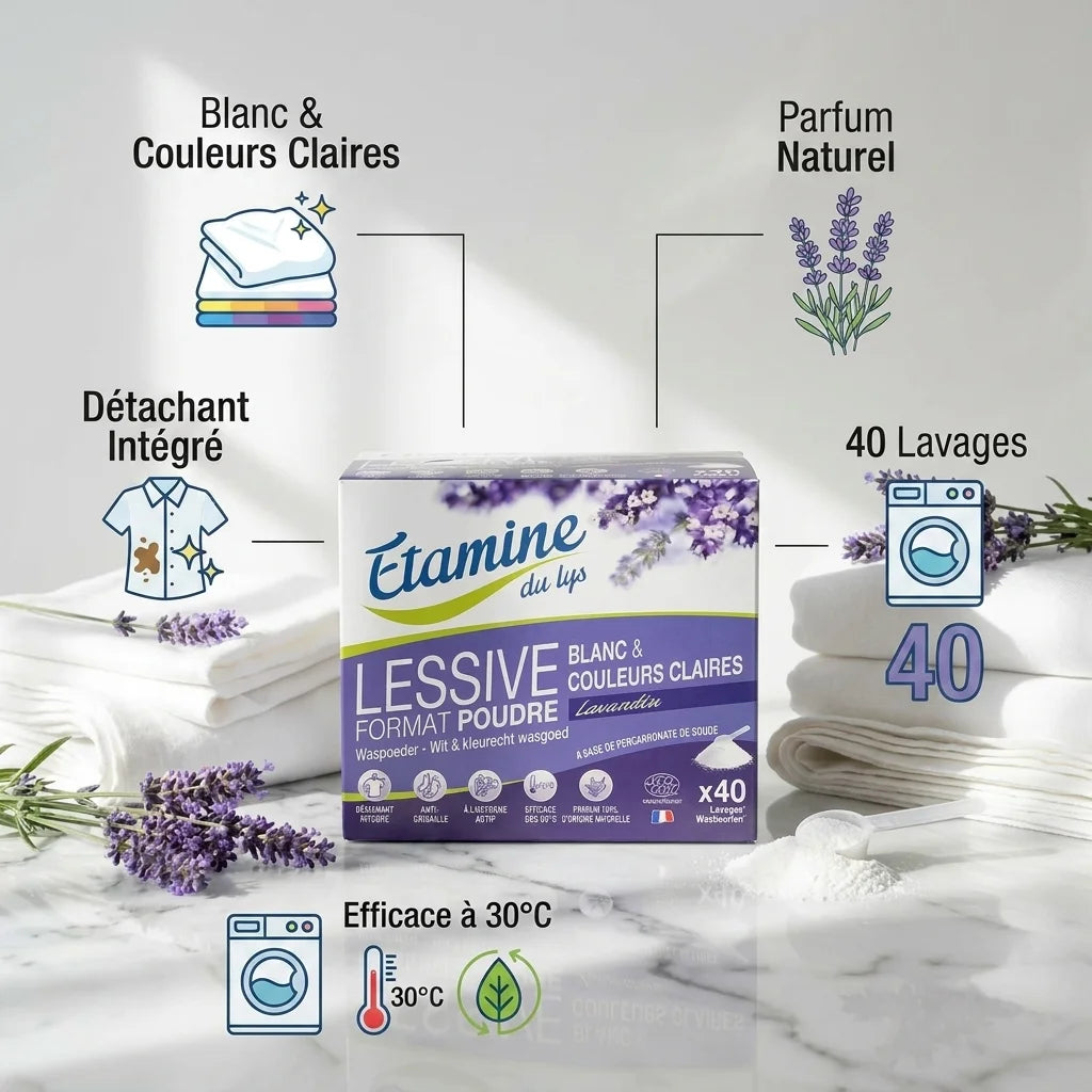Lessive Poudre Lavandin Etamine du Lys avec ses bénéfices : blanc, détachant, 30°C, parfum naturel
