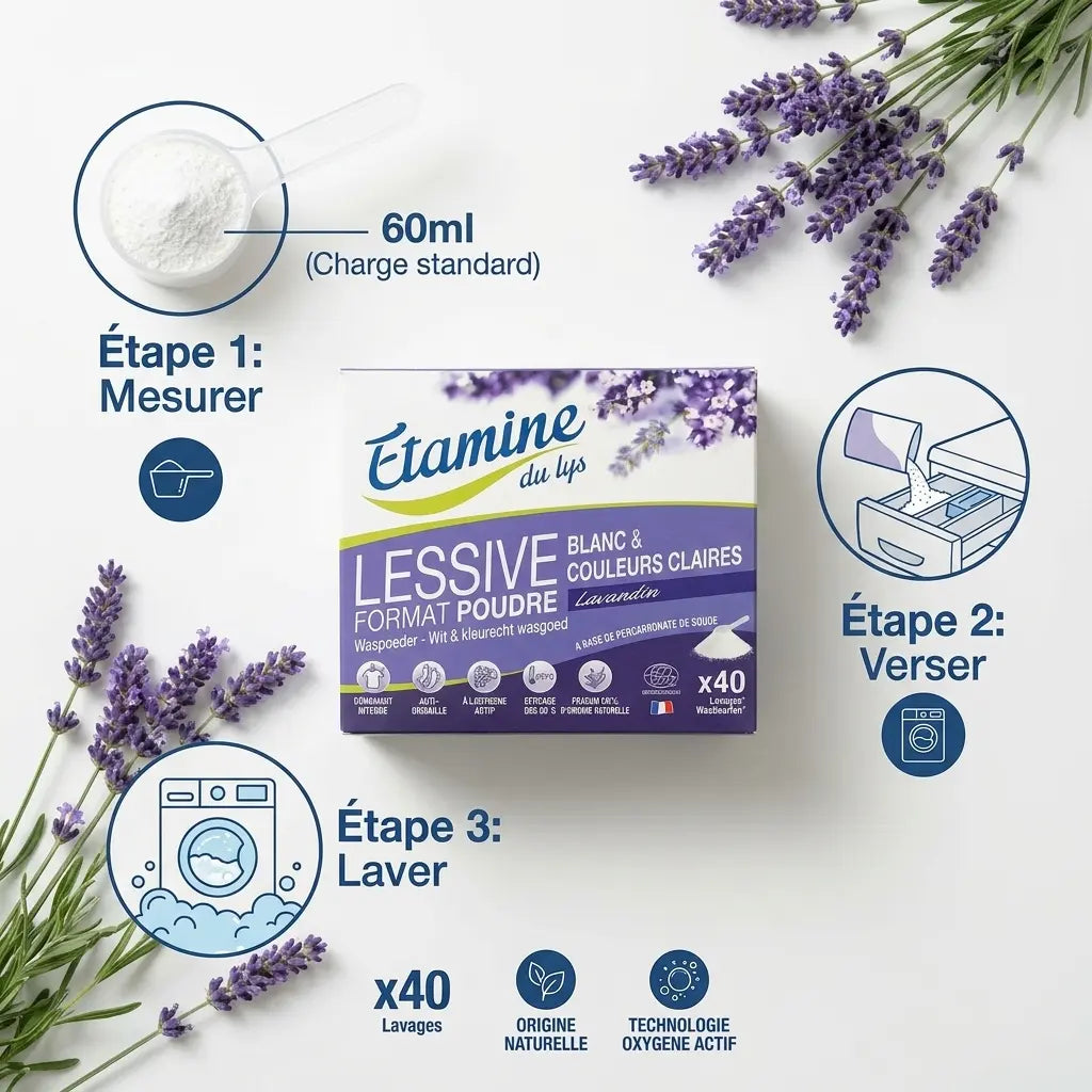 Lessive poudre Lavandin Etamine du Lys avec guide d'utilisation en 3 étapes et dosage recommandé
