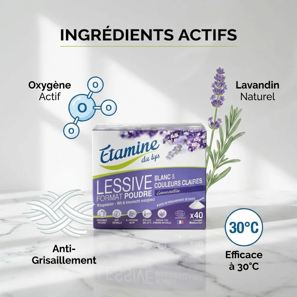 Lessive poudre Lavandin Etamine du Lys avec ingrédients naturels et oxygène actif efficace à 30°C
