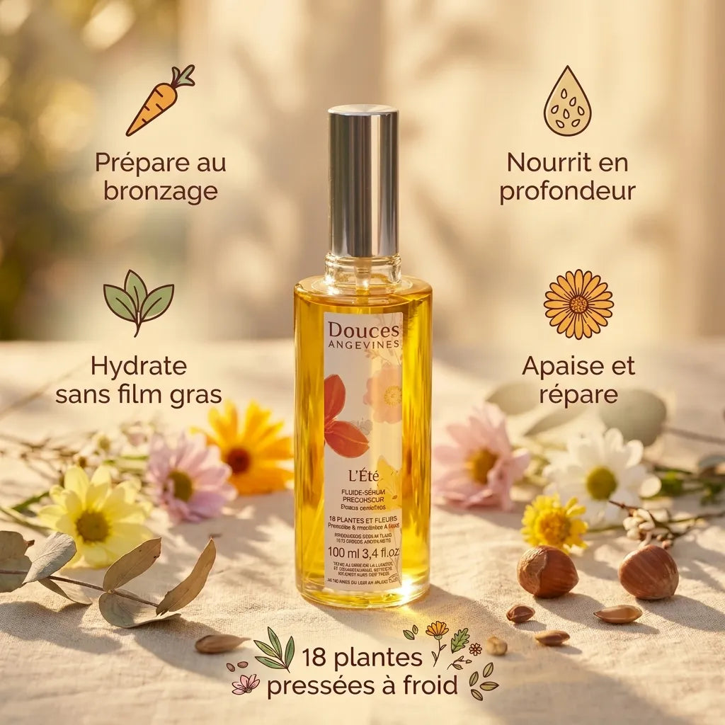 L'Été Fluide prolongateur bio Douces Angevines avec ses 5 bénéfices et 18 plantes pressées à froid