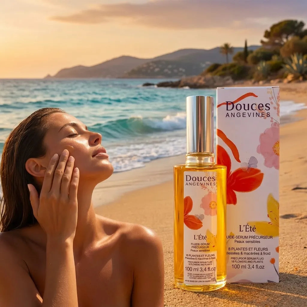 L'Été Fluide bio appliqué sur peau bronzée à la plage en golden hour, bouteille visible