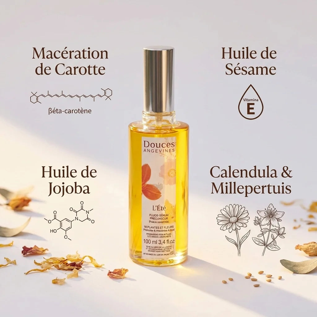 L'Été Fluide prolongateur certifié bio avec ses ingrédients naturels : carotte, sésame, jojoba et calendula