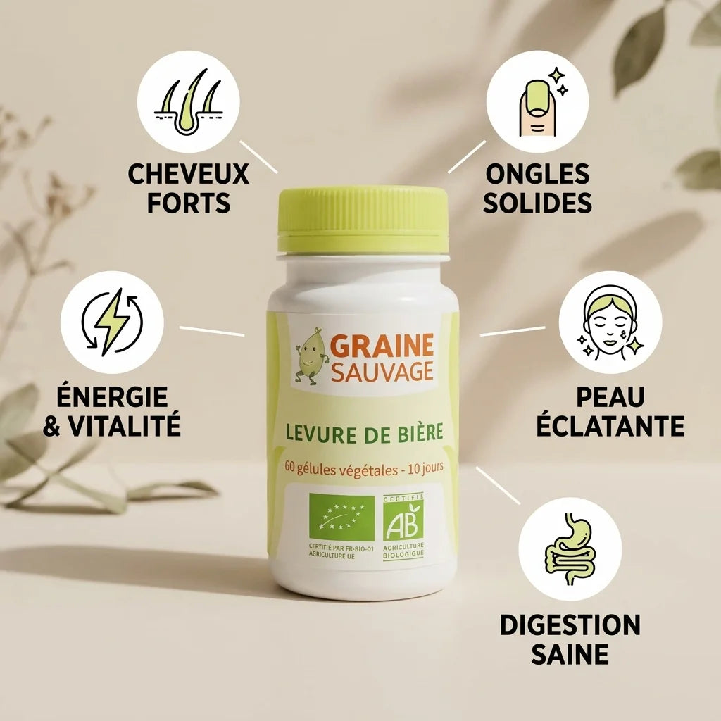Levure de Bière Bio Graine Sauvage avec bénéfices : cheveux, ongles, peau, digestion et énergie
