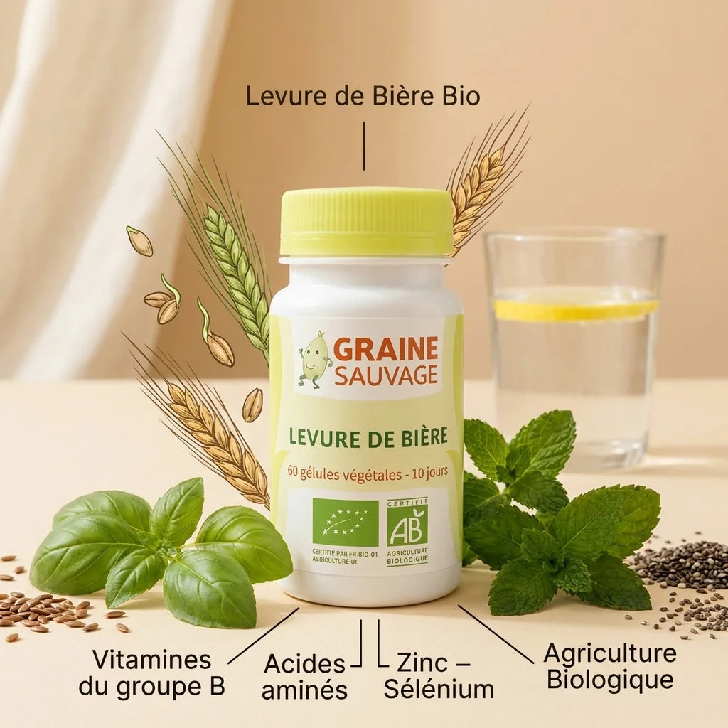 Levure de Bière Bio en gélules avec ingrédients naturels, vitamines B, zinc et sélénium