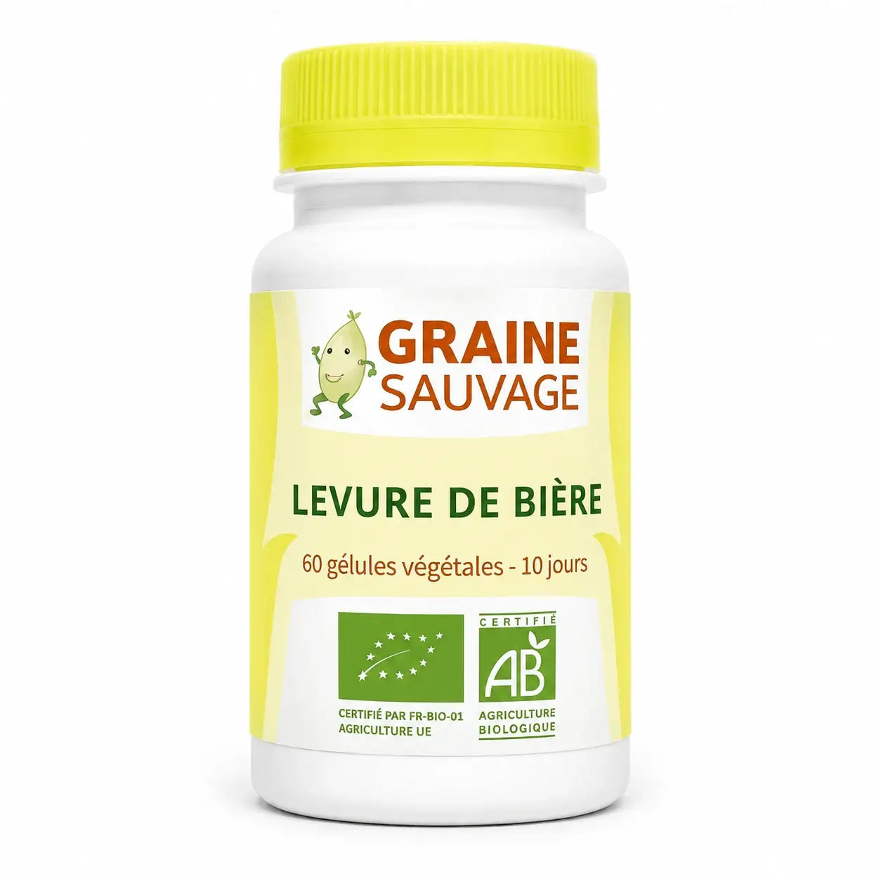 Levure de bière bio en gélules Graine Sauvage, bouteille blanche avec bouchon vert