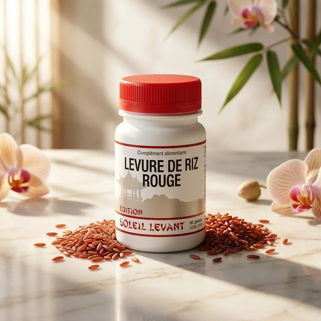 Flacon de levure de riz rouge 60 gélules entouré de grains de riz sur marbre blanc