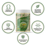 Lin germé bio en poudre SFB avec icônes bénéfices : oméga-3, protéines, fibres et antioxydants