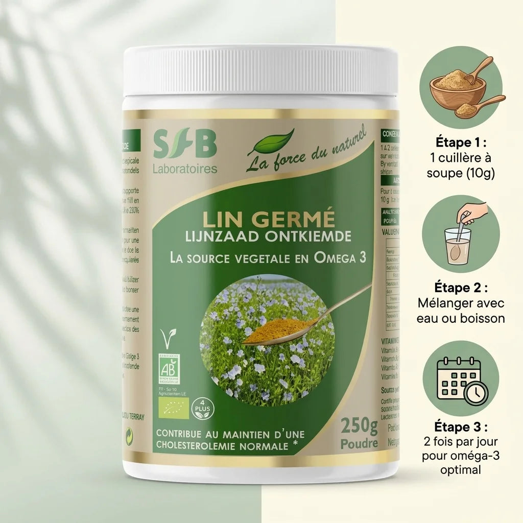 Poudre de lin germé bio SFB avec guide d'utilisation en 3 étapes pour oméga-3 optimal