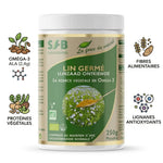 Poudre de lin germé bio SFB 250g avec infographie nutritionnelle oméga-3 et fibres alimentaires