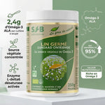Poudre de lin germé bio SFB en pot avec infographies nutritionnelles, 2,4g Oméga-3 ALA