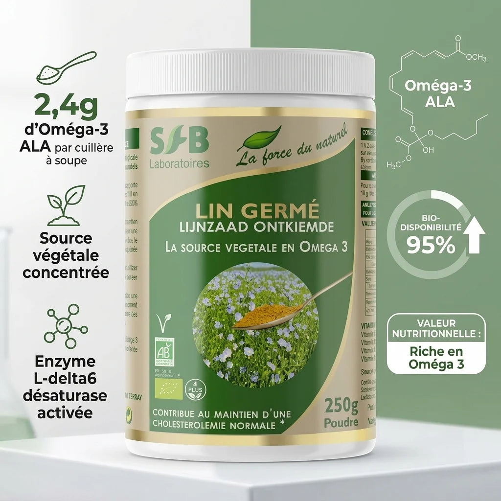 Poudre de lin germé bio SFB en pot avec infographies nutritionnelles, 2,4g Oméga-3 ALA