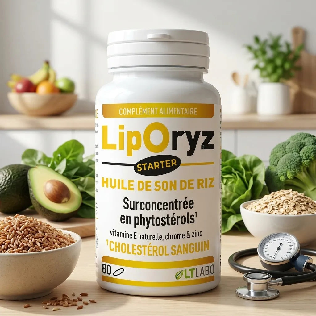 Liporyz Starter en capsules avec légumes frais et stéthoscope pour la santé cardiaque