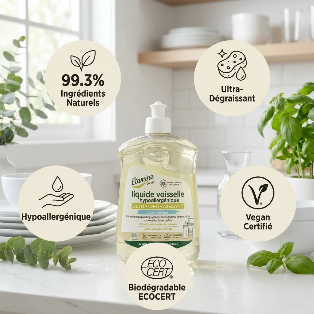 Liquide vaisselle Étamine du Lys hypoallergénique dégraissant avec infographies ingrédients naturels et certifications écologiques