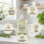Liquide vaisselle Étamine du Lys hypoallergénique dégraissant avec infographies ingrédients naturels et certifications écologiques