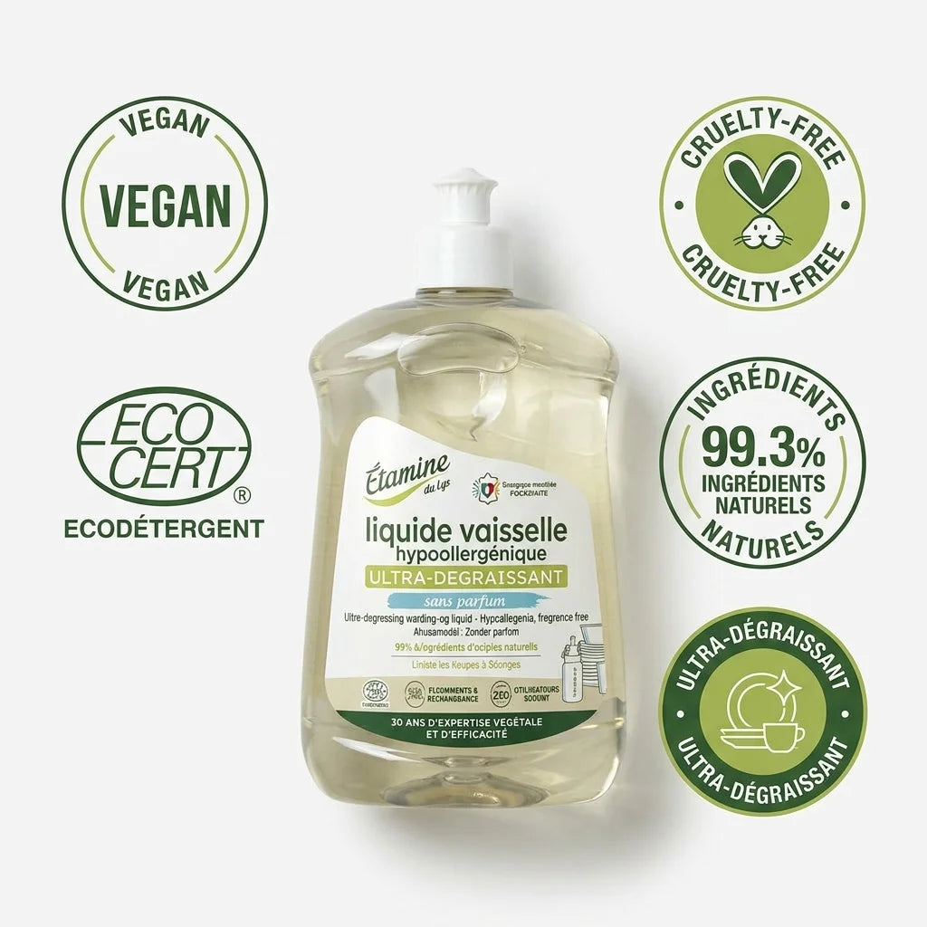 Liquide vaisselle hypoallergénique Étamine du Lys avec certifications vegan et écocert sur fond blanc