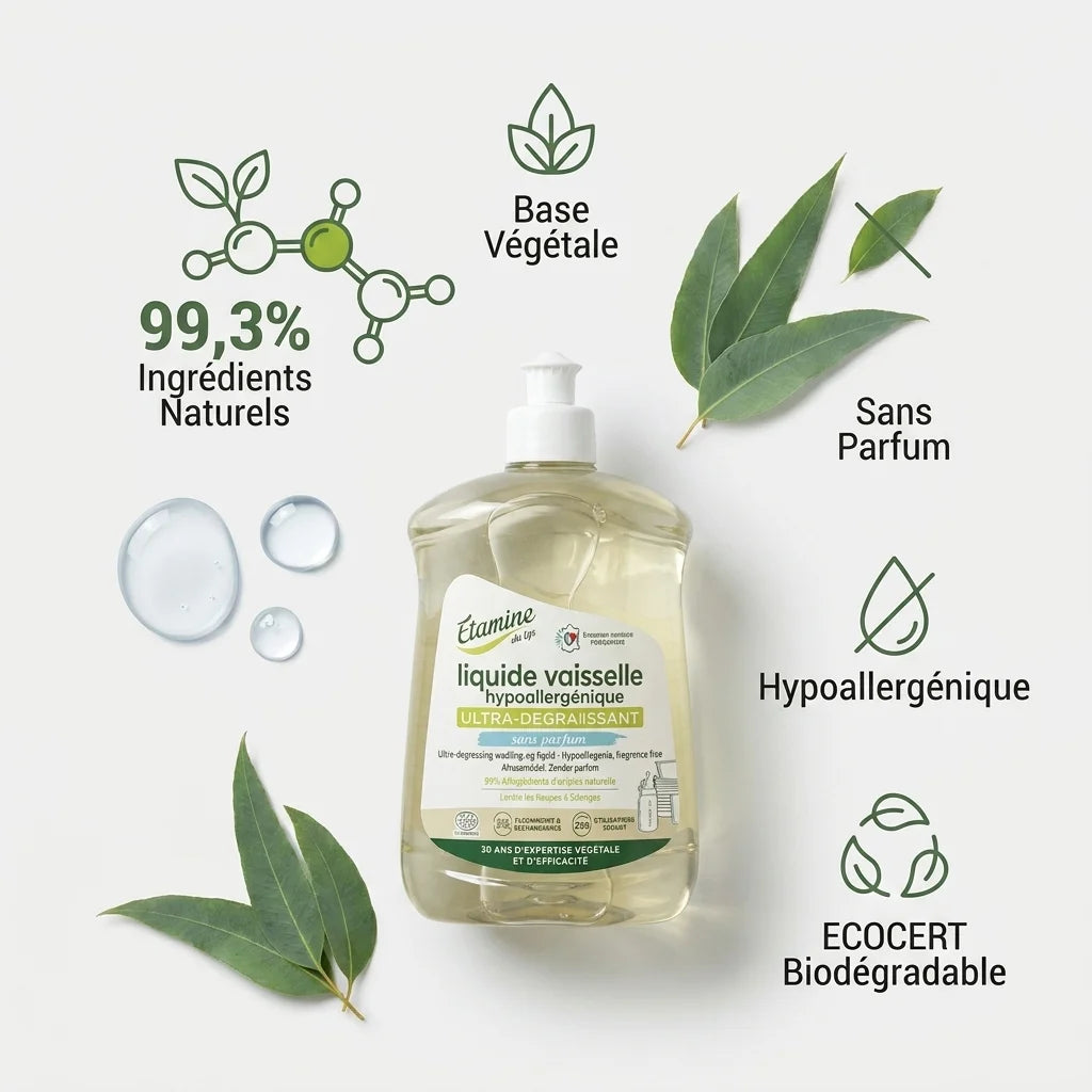 Liquide vaisselle Étamine du Lys hypoallergénique dégraissant 99,3% ingrédients naturels