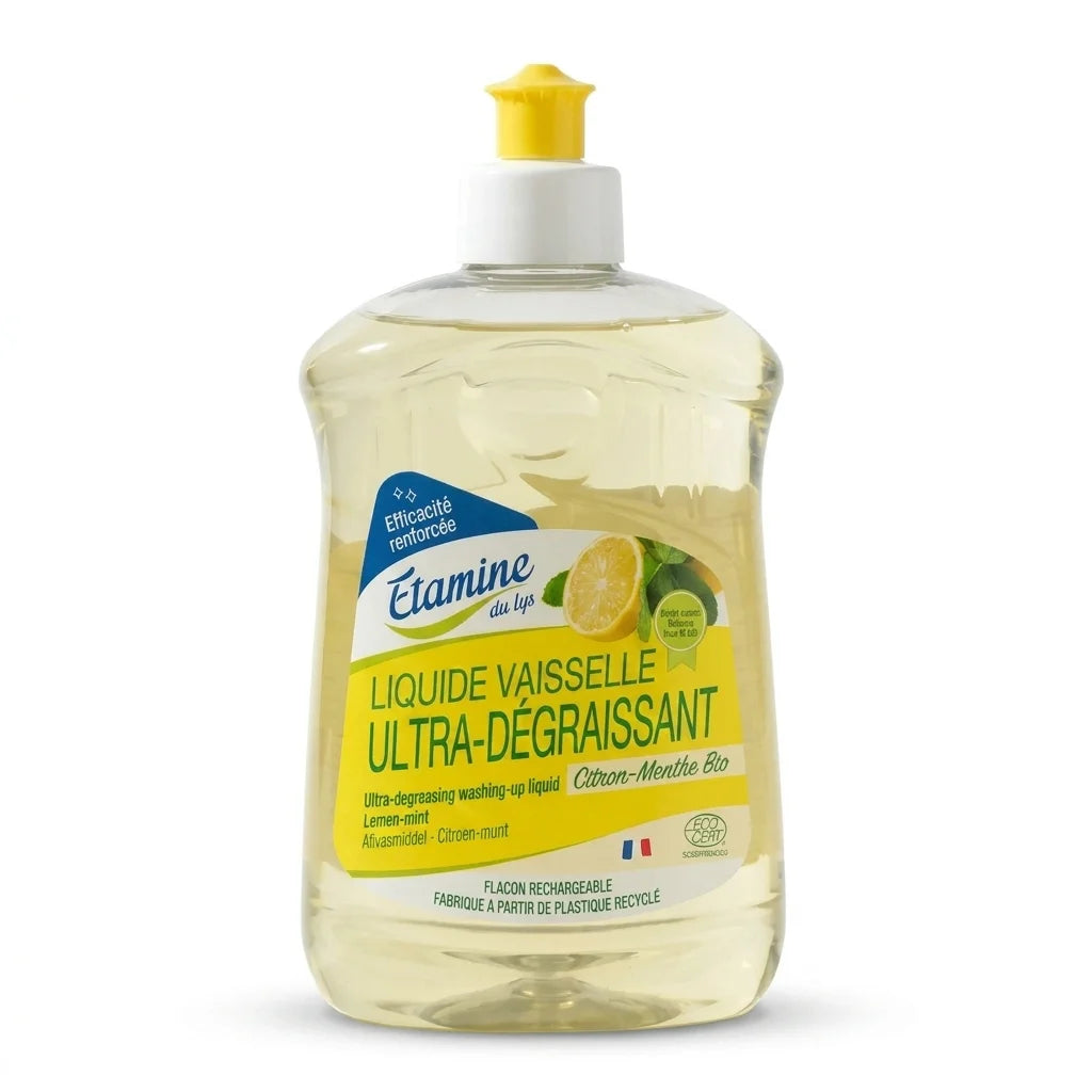 Liquide vaisselle ultra-dégraissant Citron-Menthe Etamine du Lys bouteille isolée fond blanc