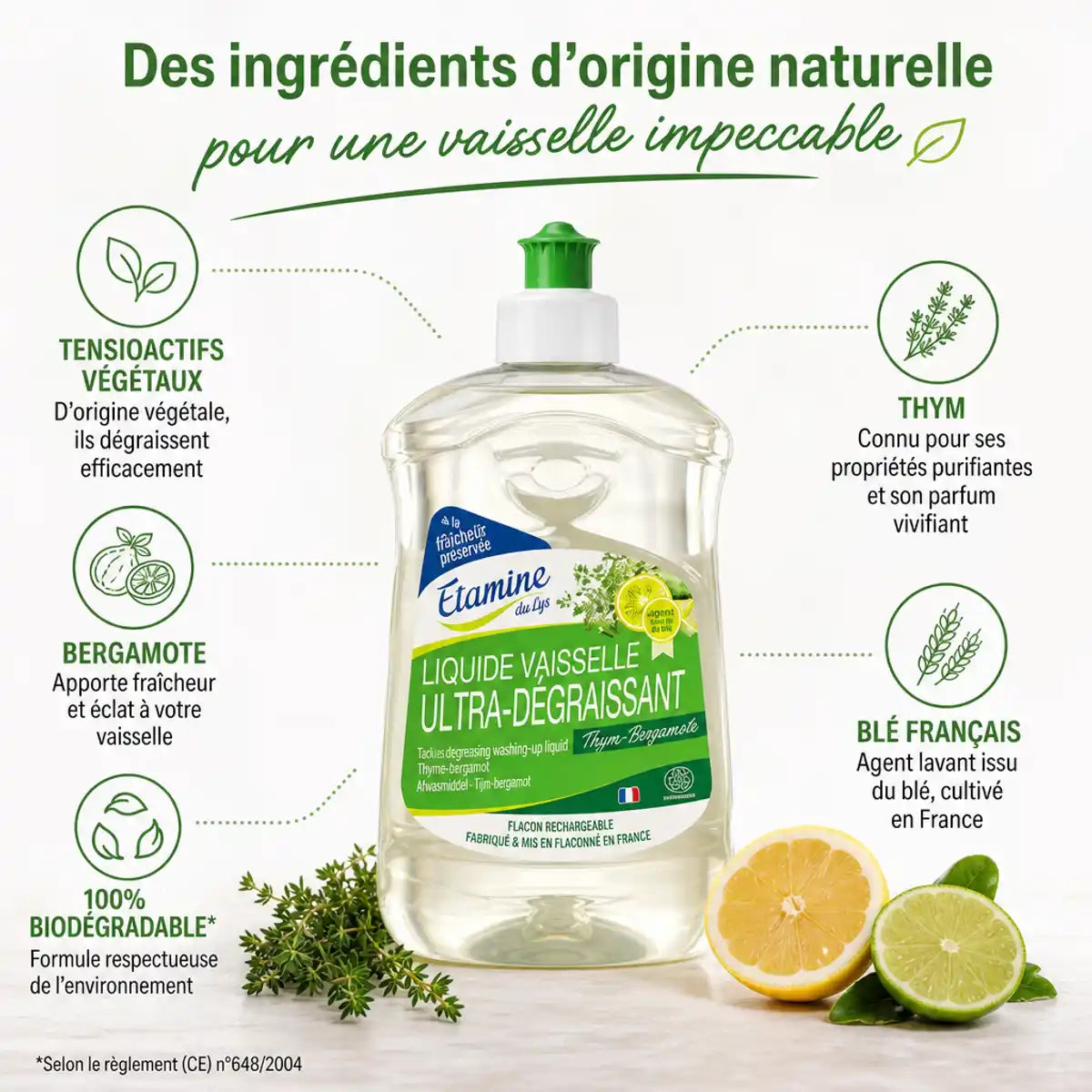 Liquide vaisselle dégraissant Thym-Bergamote Etamine du Lys avec ingrédients naturels biodégradables