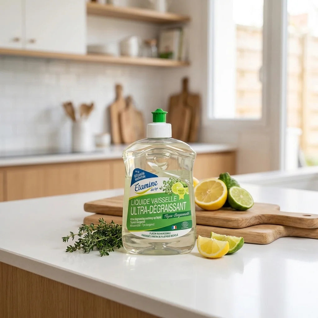 Liquide vaisselle Etamine du Lys thym-bergamote sur plan de travail cuisine avec herbes fraîches