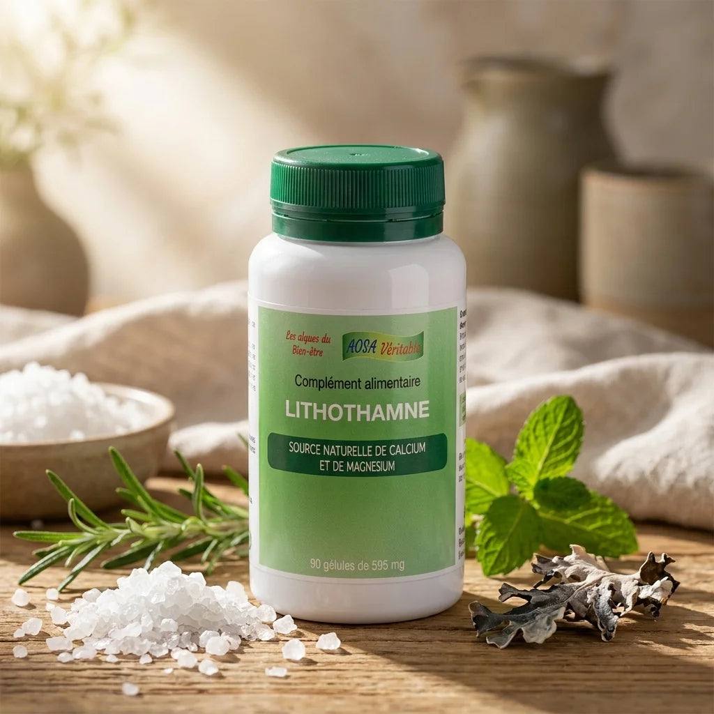 Bouteille de lithothamne en gélules avec packaging vert et blanc, entourée de cristaux de sel marin et herbes naturelles
