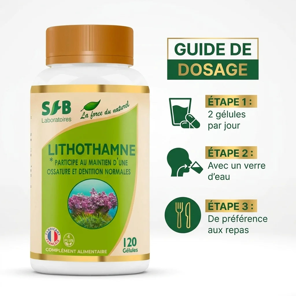 Gélules Lithothamne SFB avec guide posologie : 2 gélules par jour aux repas