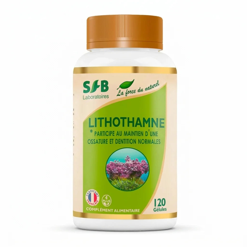 Bouteille de gélules Lithothamne SFB avec bouchon orange, complément alimentaire isolé fond blanc