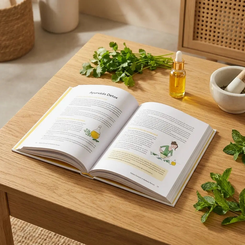 Livre Ayurvéda Détox avec femme illustrée et herbes sur table en bois naturel, ambiance wellness