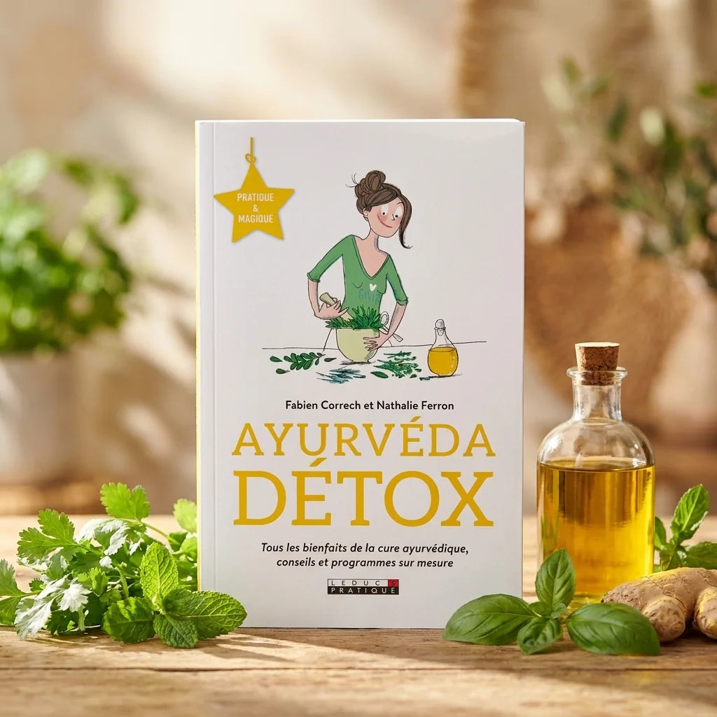Livre Ayurvéda Détox avec herbes et huile dorée sur table en bois naturel