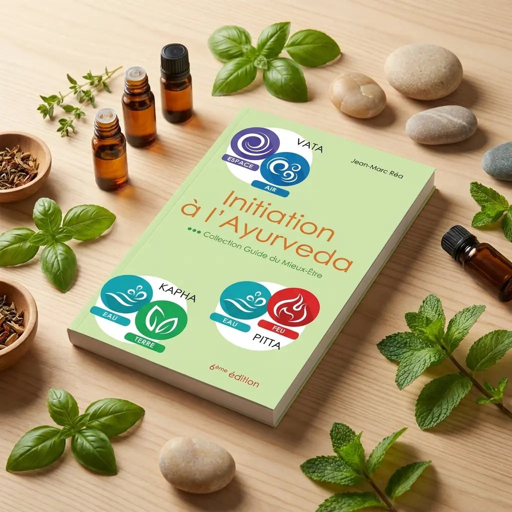 Livre Initiation à l'Ayurveda de J.-M. Réa sur bois avec herbes et pierres de méditation