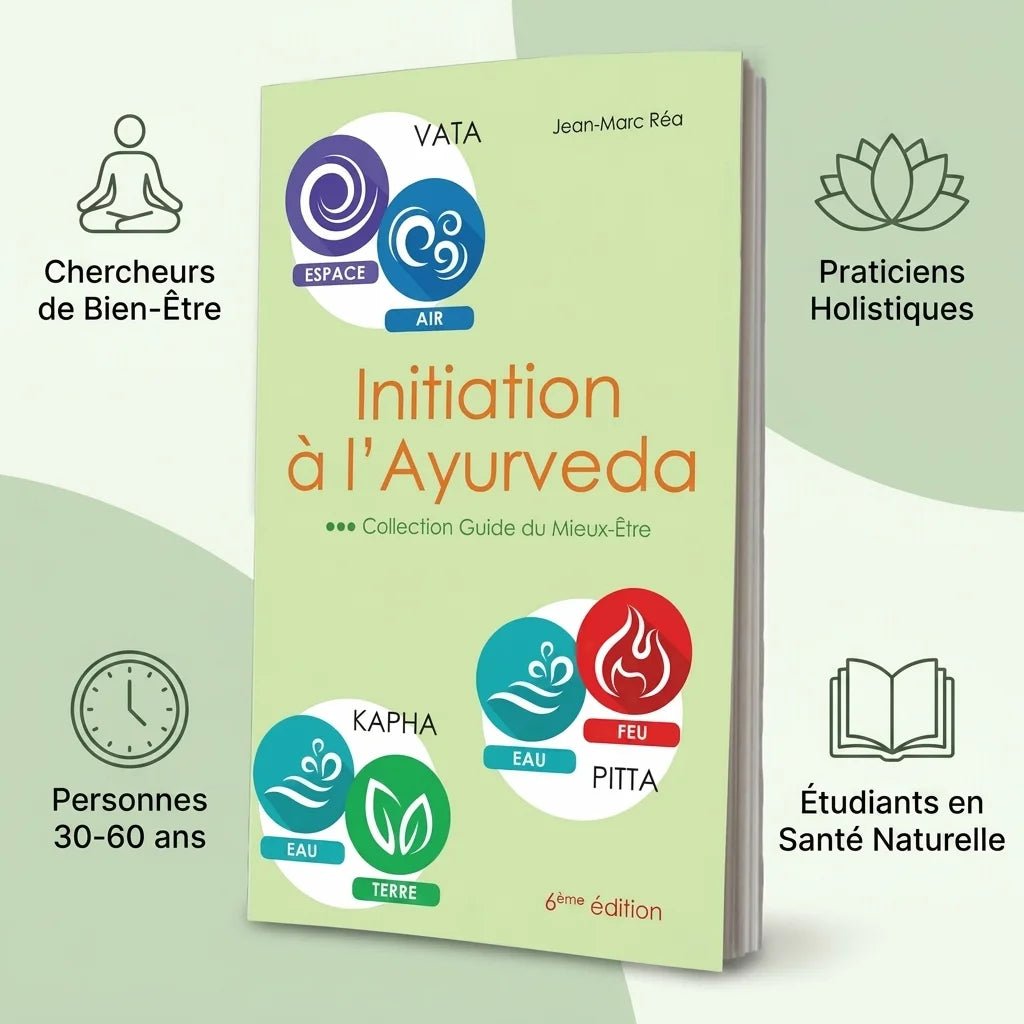 Livre Initiation à l'Ayurveda de J.-M. Réa avec icônes bien-être et praticiens holistiques