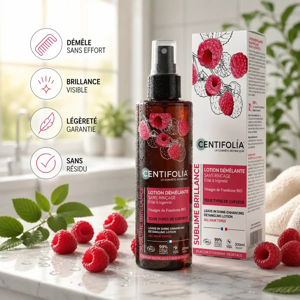 Lotion démêlante brillance bio Centifolia avec framboise, flacon 200ml sur marbre