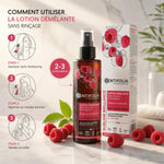 Lotion démêlante brillance Centifolia bio avec guide d'application en 3 étapes sur cheveux