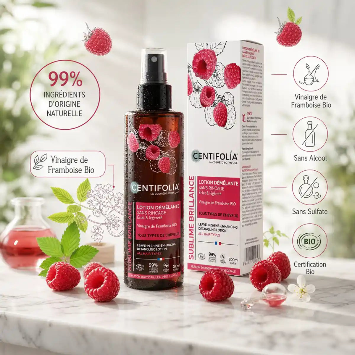 Lotion démêlante Centifolia bio à la framboise avec ingrédients naturels et certification bio
