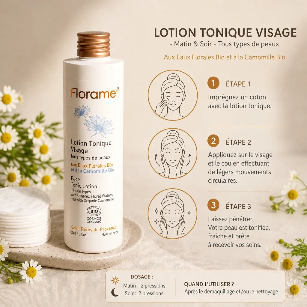 Lotion Tonique Visage Florame bio avec étapes d'application matin et soir pour tous types de peaux