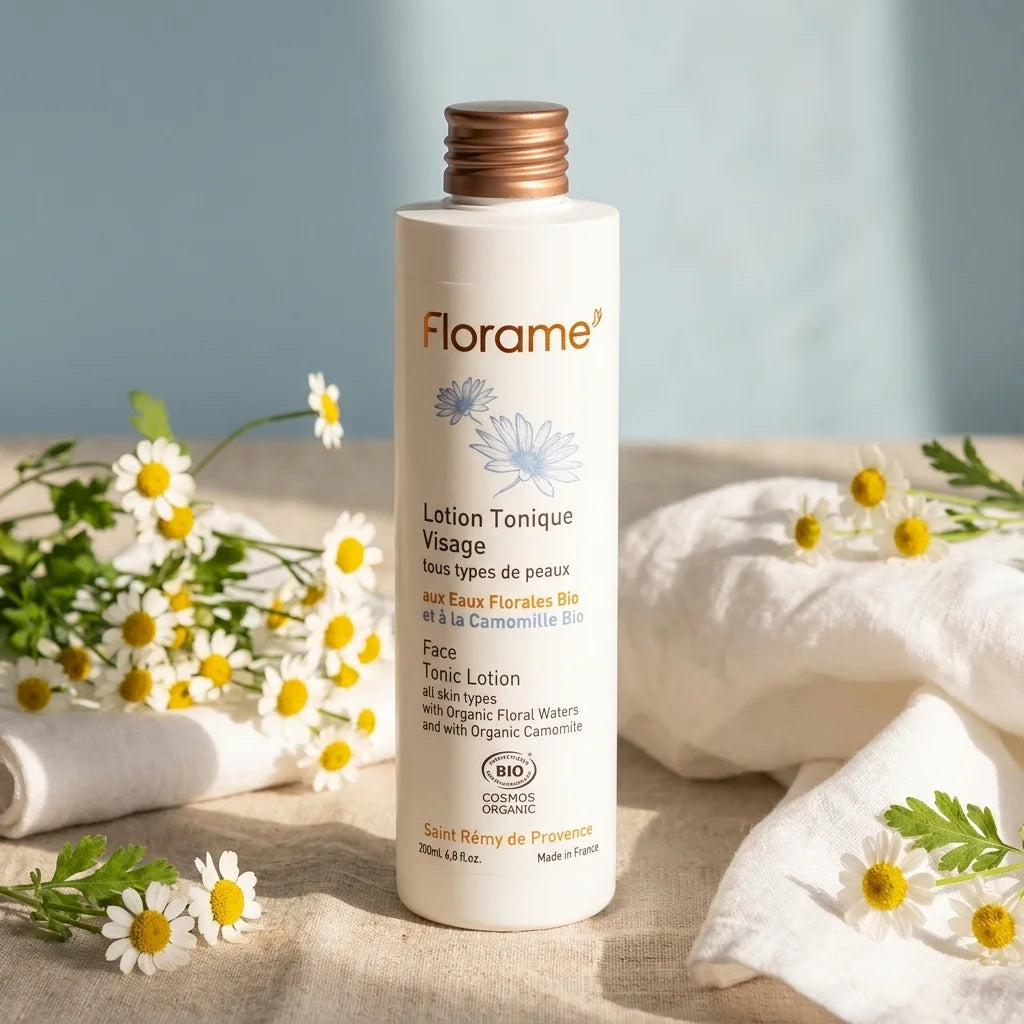 Lotion tonique visage bio Florame avec fleurs de camomille et texture naturelle