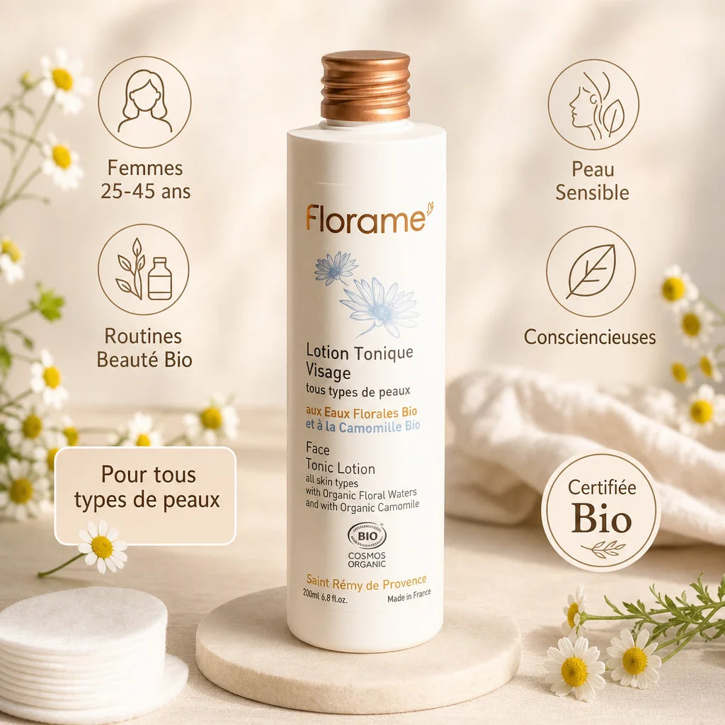 Lotion Tonique Visage Florame certifiée bio pour peaux sensibles, entourée de fleurs de camomille