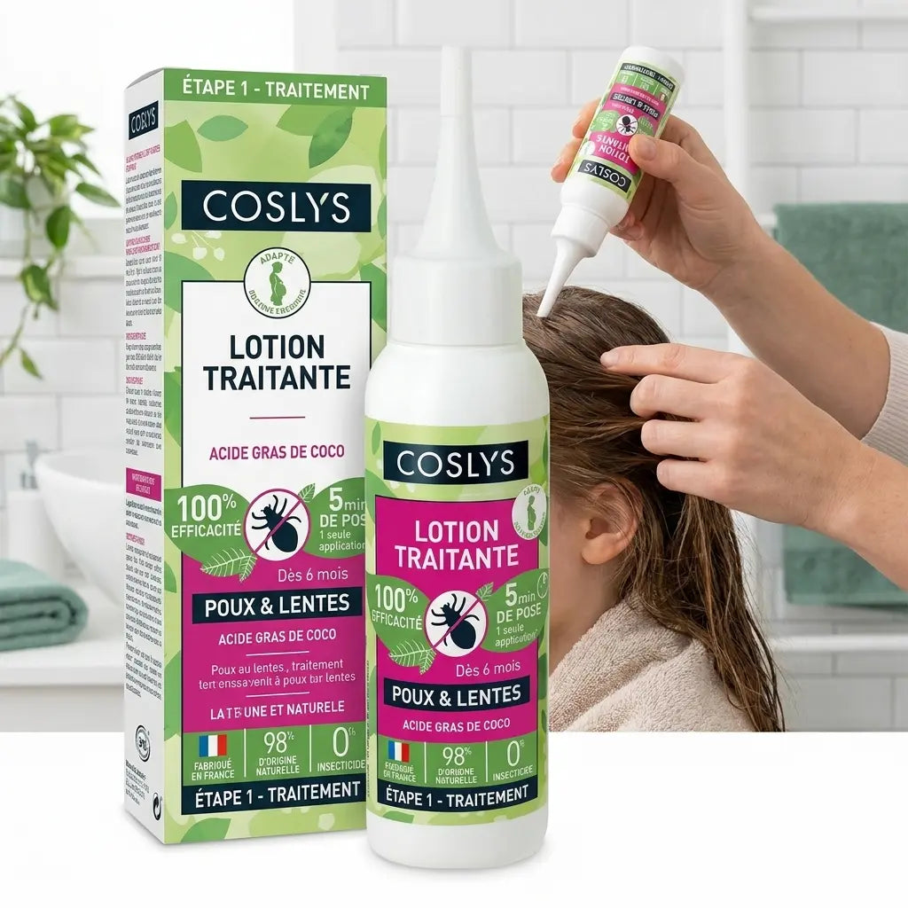 Lotion Traitante Poux Coslys appliquée sur cheveux enfant en salle de bain
