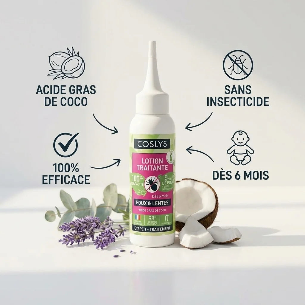 Lotion Traitante Poux Coslys - flacon rose avec ingrédients naturels et acide gras de coco sans insecticide