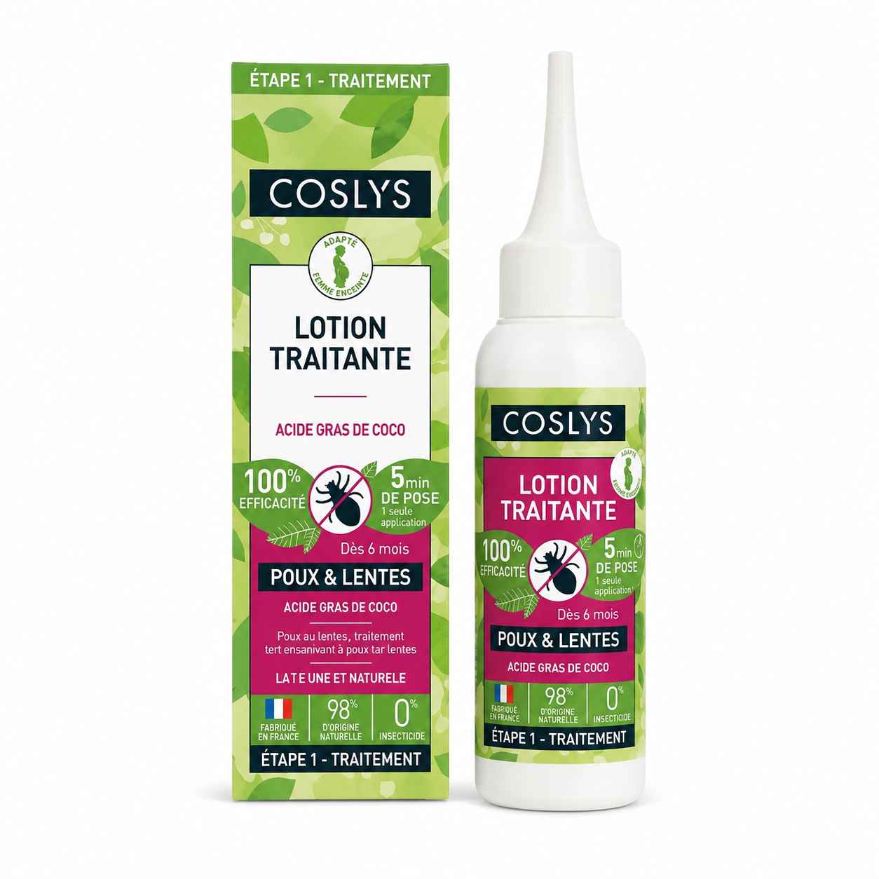 Lotion Traitante Poux Coslys - Flacon et emballage sur fond blanc

