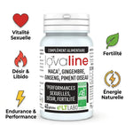 Lovaline bio gélules avec infographie bénéfices : vitalité sexuelle, libido, endurance et fertilité