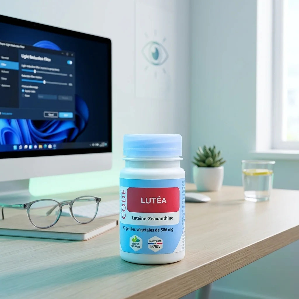 Complément Lutéa en gélules sur bureau avec lunettes et écran, workspace bien-être