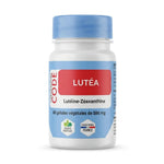 Flacon Lutéa en gélules avec bouchon bleu et étiquette rouge sur fond blanc